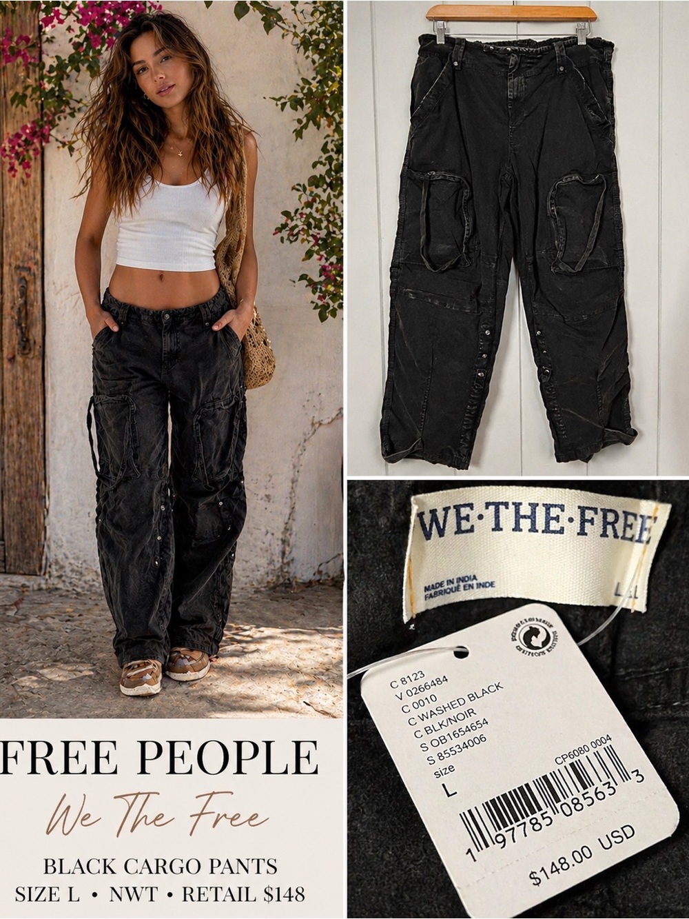 Free People We The Free Cargo Pants Black Utility can’t compete NWT Size L - Picture 7 of 12